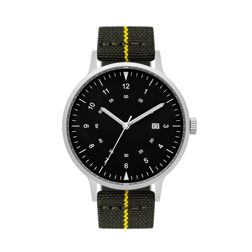 B70 Watch, Silver Case, Black Dial, Calendar, Luminous, Stretch Nylon straps - Green