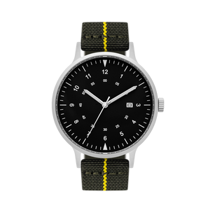 B70 Watch, Silver Case, Black Dial, Calendar, Luminous, Stretch Nylon straps - Green