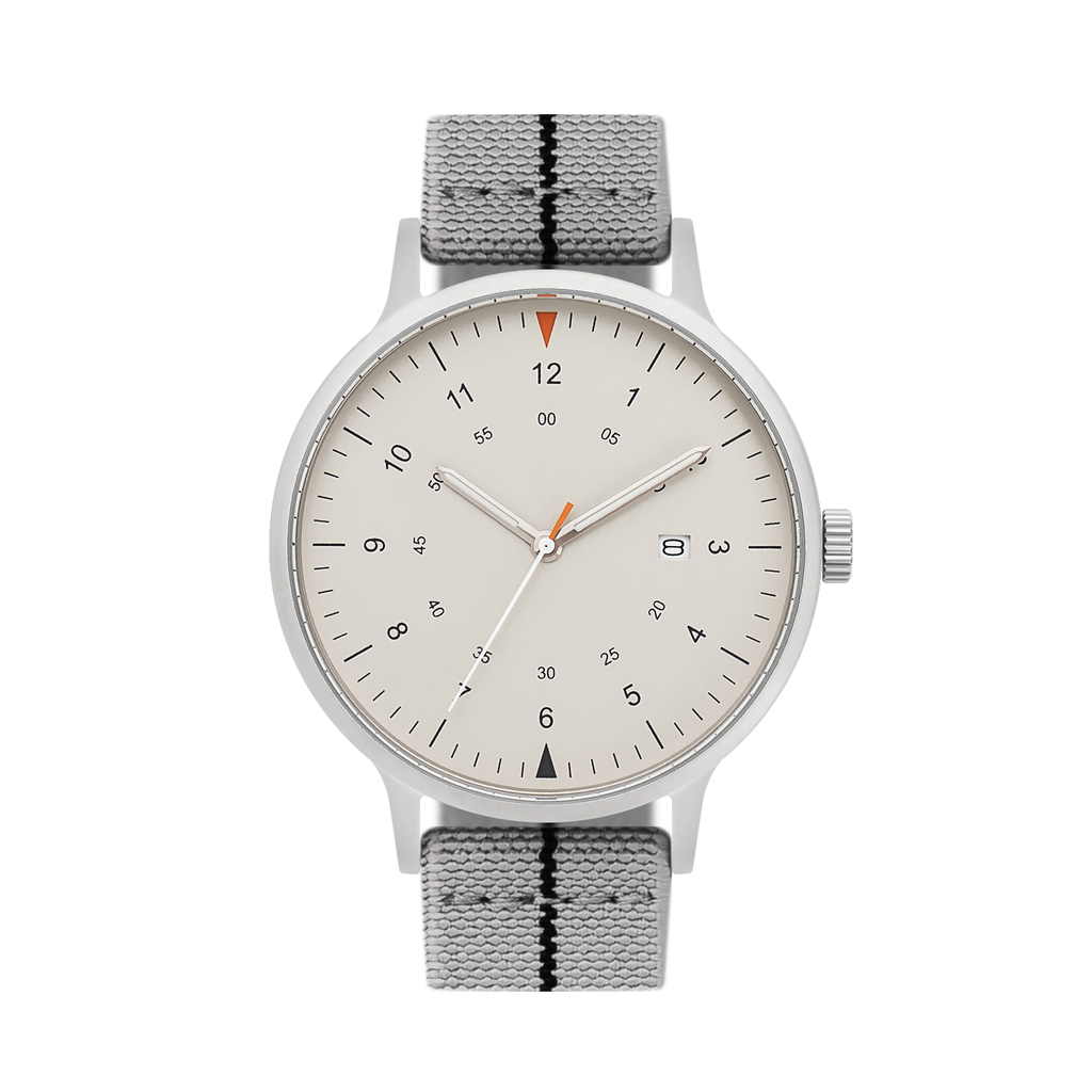 B70 Watch, Silver Case, Beige Dial, Calendar, Luminous, Stretch Nylon straps - Gray