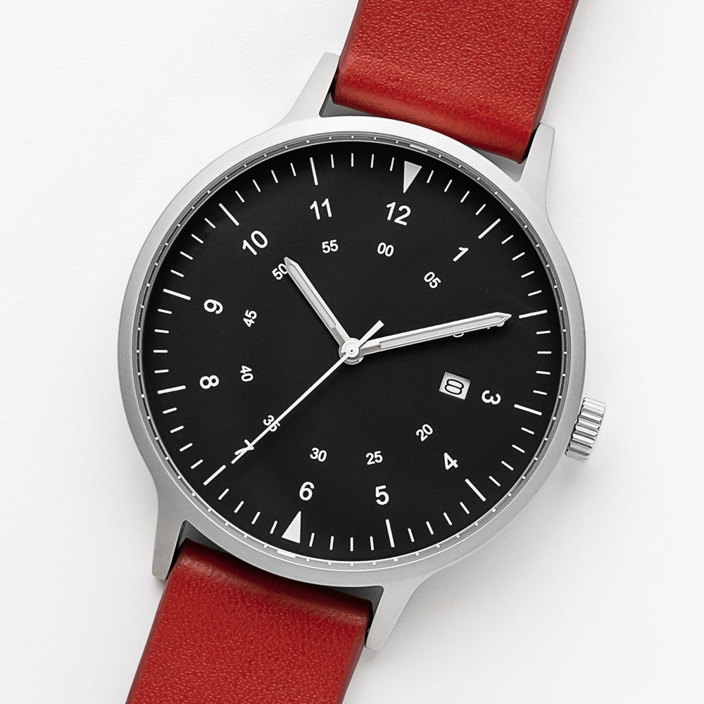 B70 Watch, Silver Case, Black Dial, Calendar, Luminous, Leather Strap - Red