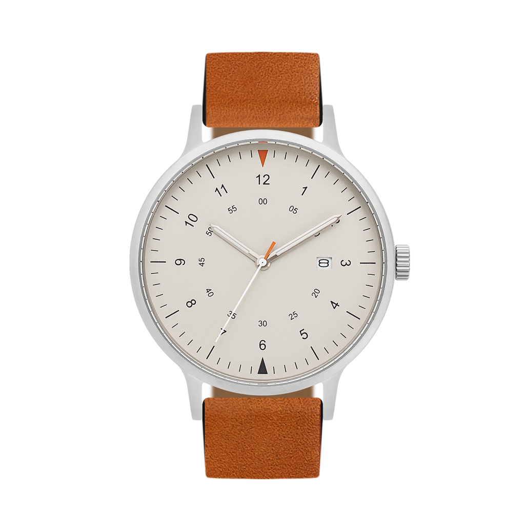 B70 Watch, Silver Case, Beige Dial, Calendar, Luminous, Leather Strap - Tan