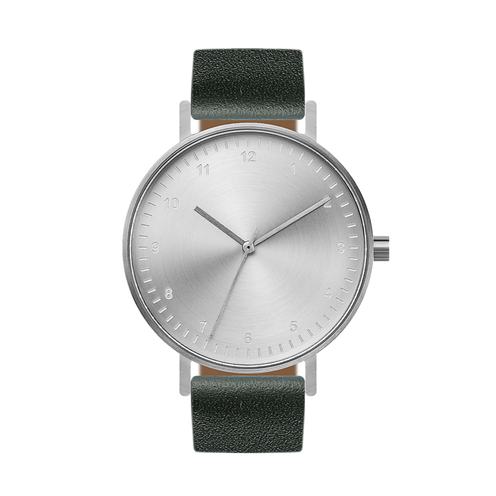 B60 Watch, Silver Case, silver Dial, Leather Strap - Green