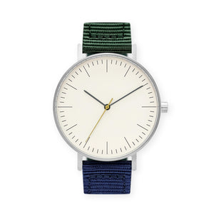 B001 Watch, Silver Case, Off White Dial, Nylon Strap - Green/Navy - BIJOUONE