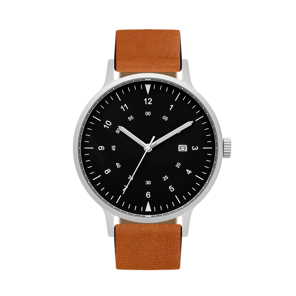 B70 Watch, Silver Case, Black Dial, Calendar, Luminous, Leather Strap - Tan