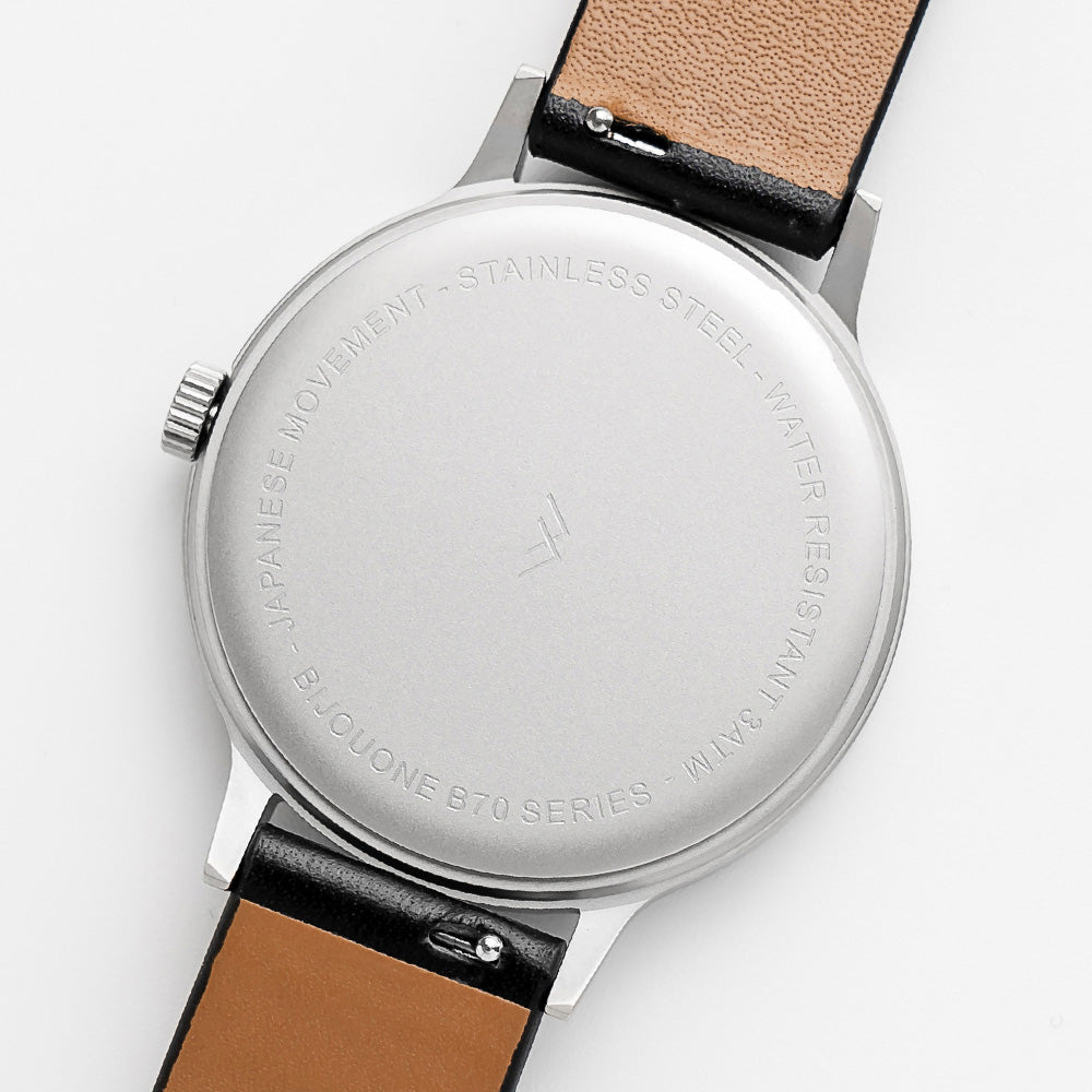 B70 Watch, Silver Case, Beige Dial, Calendar, Luminous, Leather Strap - Black