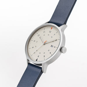 B70 Watch, Silver Case, Beige Dial, Calendar, Luminous, Leather Strap