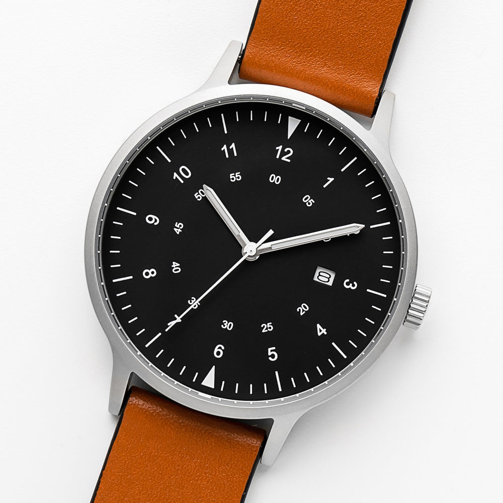 B70 Watch, Silver Case, Black Dial, Calendar, Luminous, Leather Strap - Tan