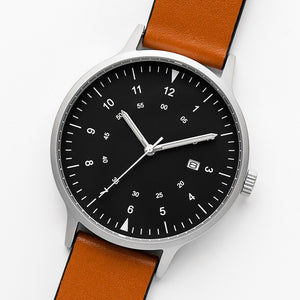 B70 Watch, Silver Case, Black Dial, Calendar, Luminous, Leather Strap - Tan