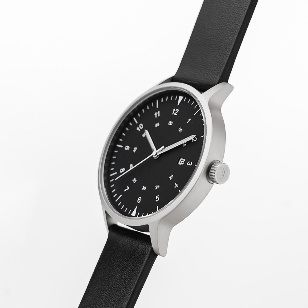 B70 Watch, Silver Case, Black Dial, Calendar, Luminous, Leather Strap - Black