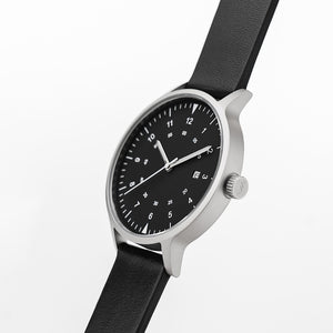 B70 Watch, Silver Case, Black Dial, Calendar, Luminous, Leather Strap - Black