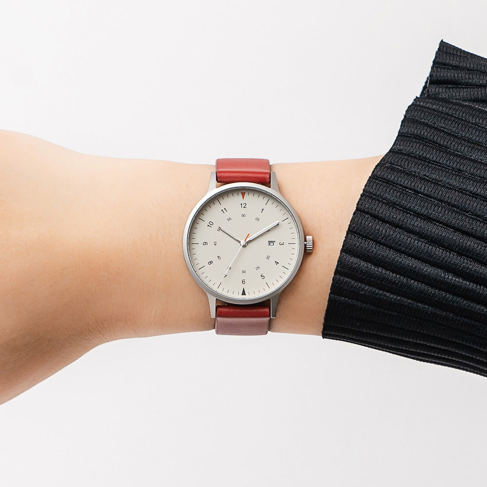 B70 Watch, Silver Case, Beige Dial, Calendar, Luminous, Leather Strap - Red