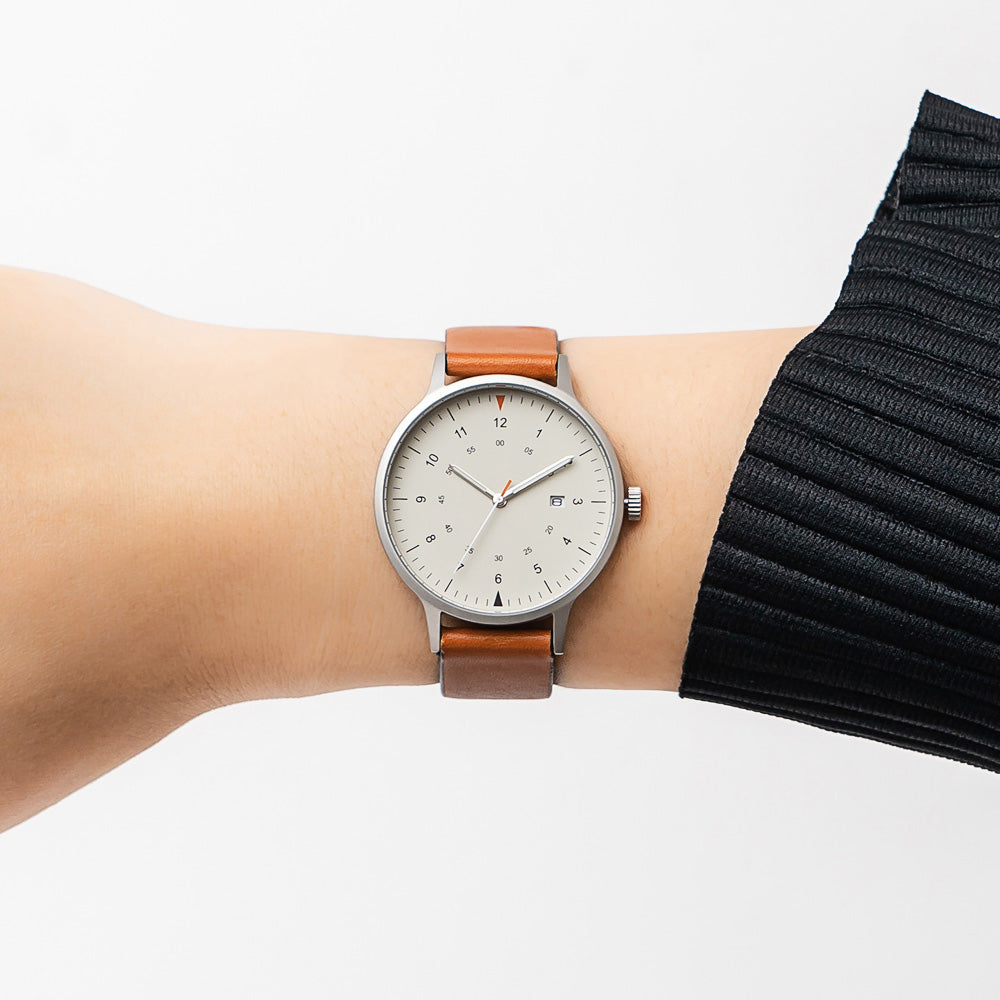 B70 Watch, Silver Case, Beige Dial, Calendar, Luminous, Leather Strap - Tan