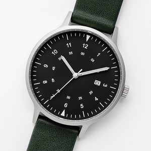 B70 Watch, Silver Case, Black Dial, Calendar, Luminous, Leather Strap