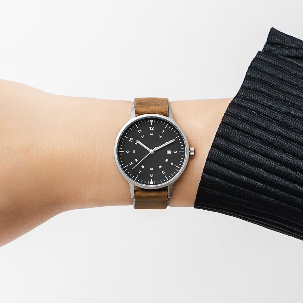 B70 Watch, Silver Case, Black Dial, Calendar, Luminous, Leather Strap - Brown Suede