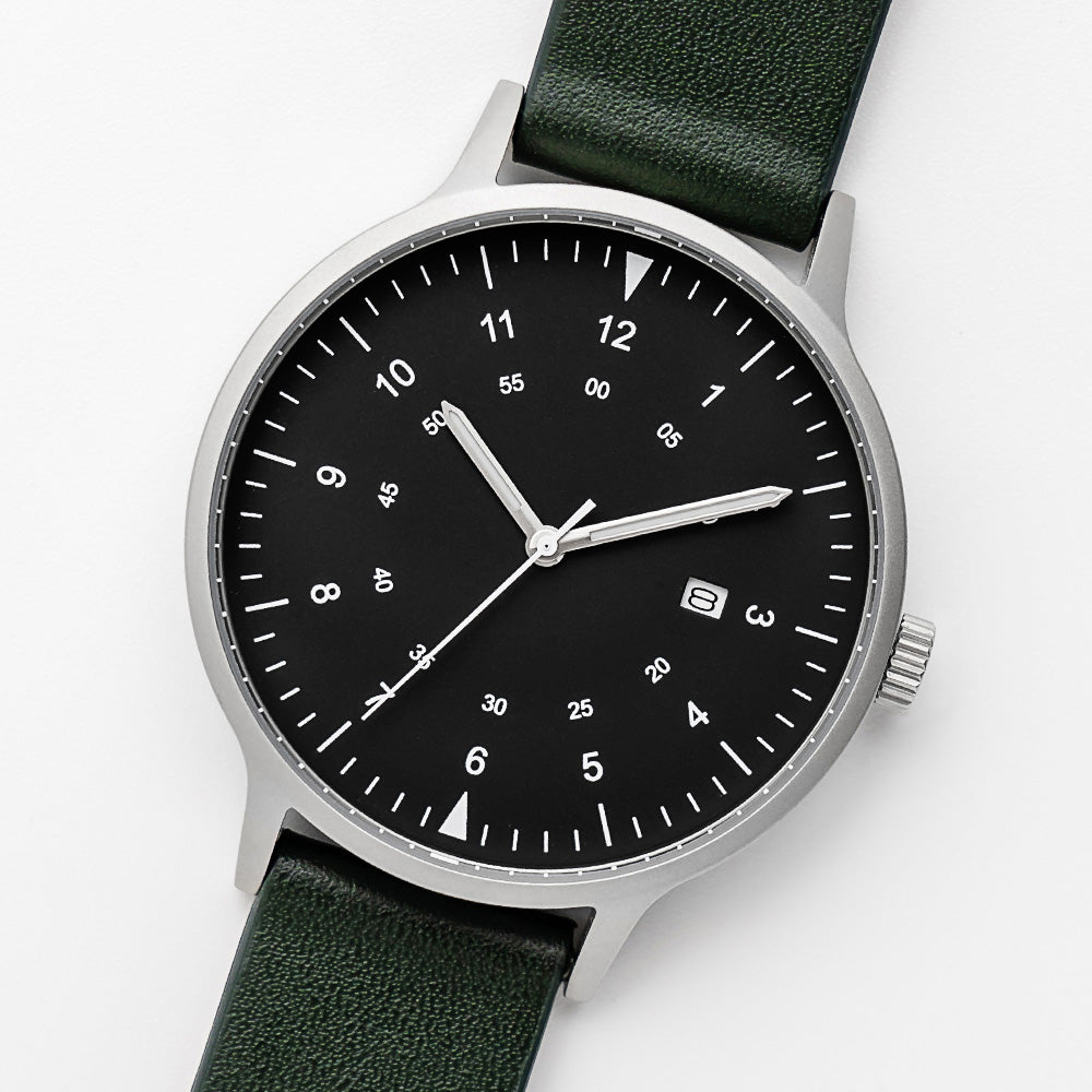 B70 Watch, Silver Case, Black Dial, Calendar, Luminous, Leather Strap - Green