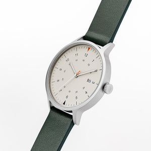 B70 Watch, Silver Case, Beige Dial, Calendar, Luminous, Leather Strap