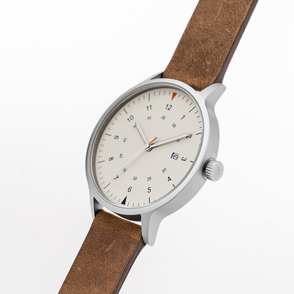 B70 Watch, Silver Case, Beige Dial, Calendar, Luminous, Leather Strap - Brown Suede