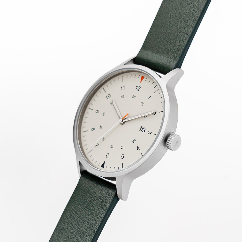 B70 Watch, Silver Case, Beige Dial, Calendar, Luminous, Leather Strap - Green