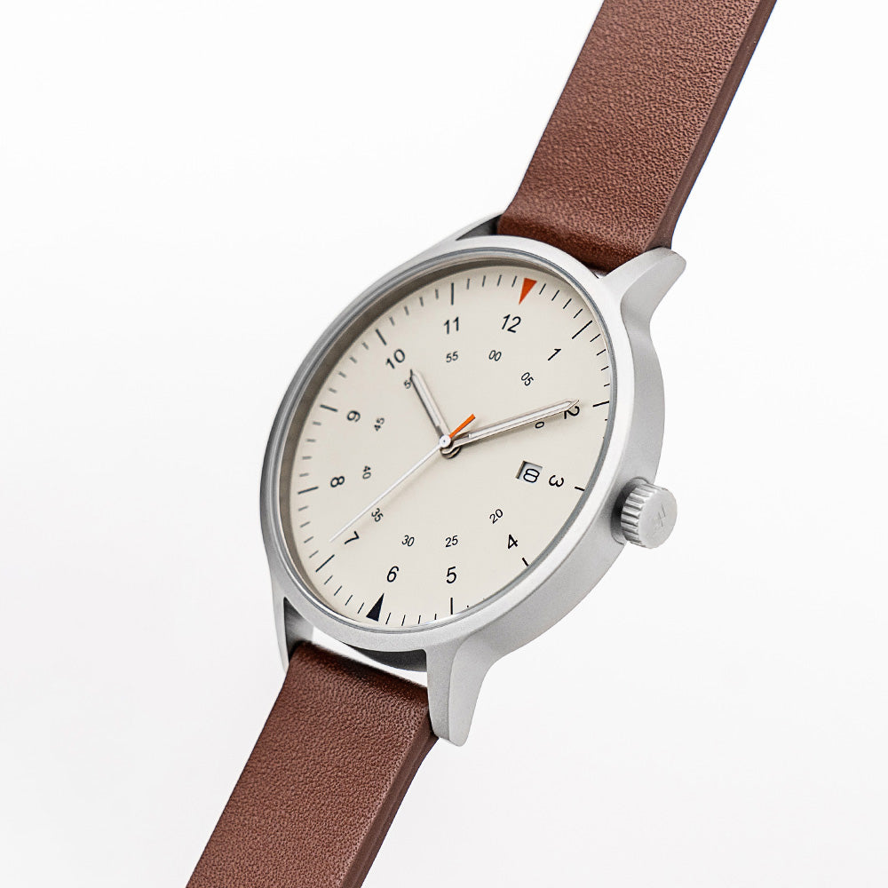 B70 Watch, Silver Case, Beige Dial, Calendar, Luminous, Leather Strap - Coffee