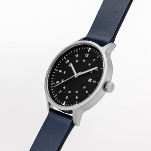 B70 Watch, Silver Case, Black Dial, Calendar, Luminous, Leather Strap