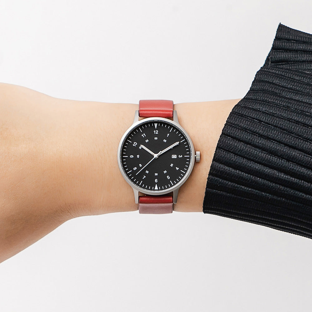 B70 Watch, Silver Case, Black Dial, Calendar, Luminous, Leather Strap - Red