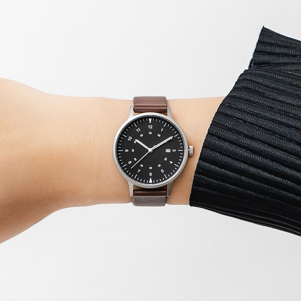 B70 Watch, Silver Case, Black Dial, Calendar, Luminous, Leather Strap - Coffee