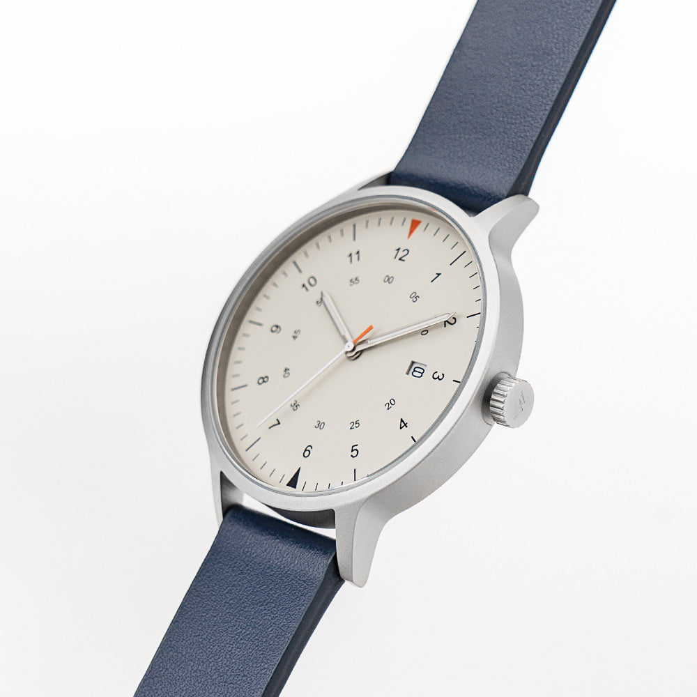 B70 Watch, Silver Case, Beige Dial, Calendar, Luminous, Leather Strap - Navy