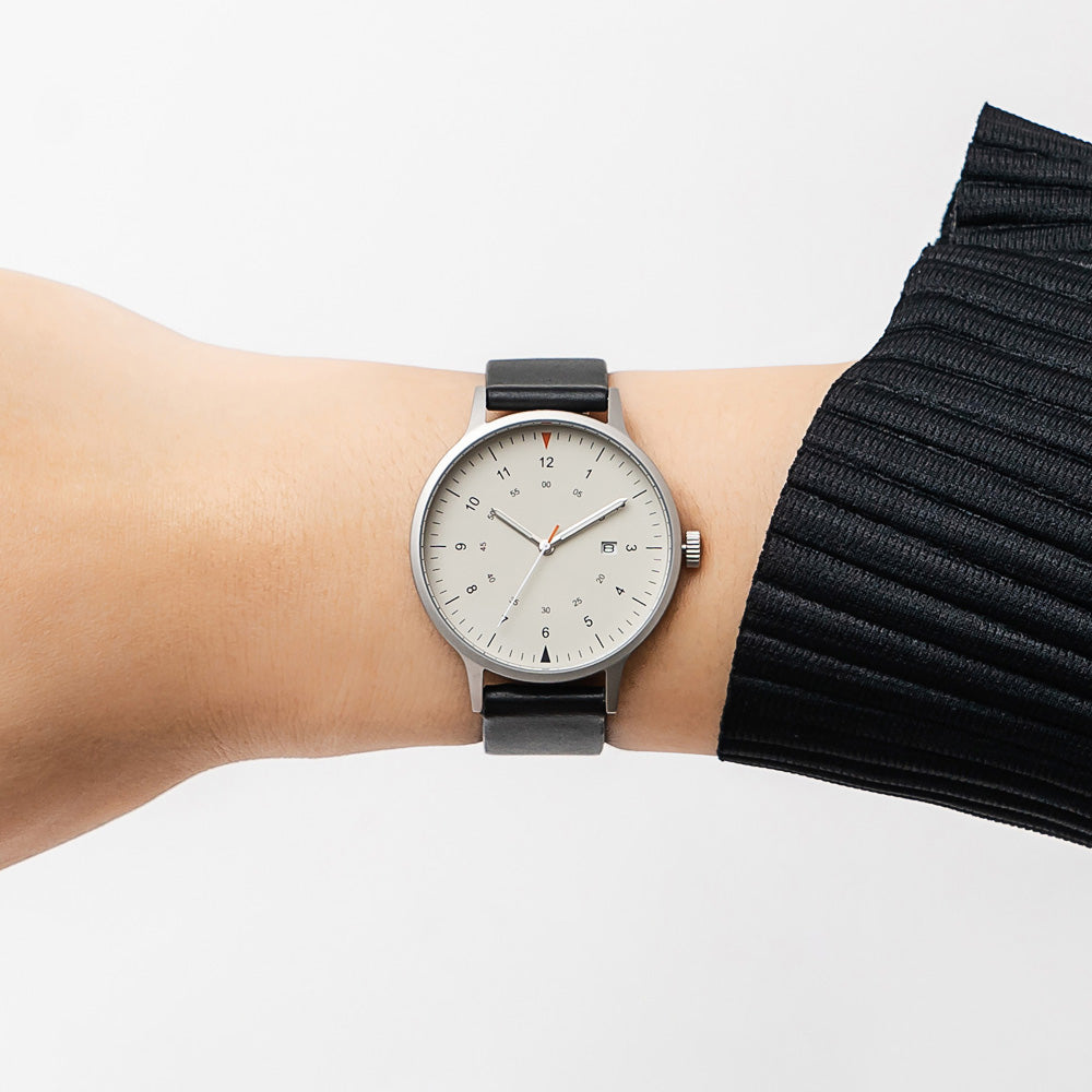 B70 Watch, Silver Case, Beige Dial, Calendar, Luminous, Leather Strap - Black