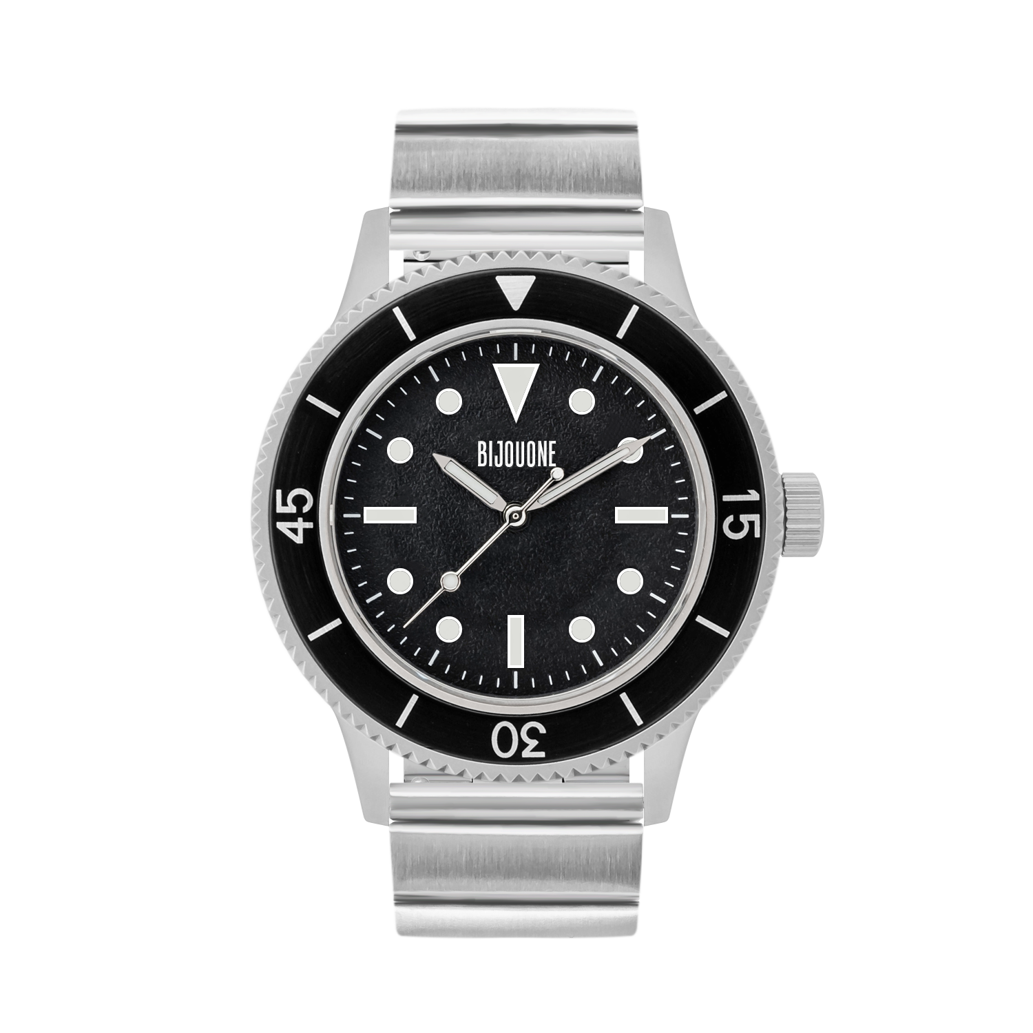 C01 Watch, Matte Silver Case, Black Dial, Sapphire Crystal Glass, Luminous, Stainless Steel Strap