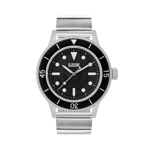 C01 Watch, Matte Silver Case, Black Dial, Sapphire Crystal Glass, Luminous, Stainless Steel Strap