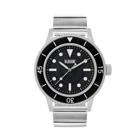 C01 Watch, Matte Silver Case, Black Dial, Sapphire Crystal Glass, Luminous, Stainless Steel Strap