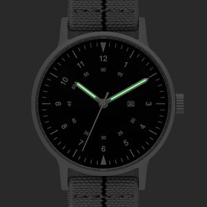 B70 Watch, Silver Case, Black Dial, Calendar, Luminous, Stretch Nylon Strap