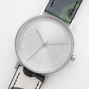 B60 Watch, Silver Case, silver Dial, Leather Strap - Camouflage Green - BIJOUONE