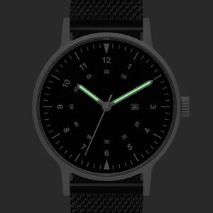 B70 Watch, Silver Case, Black Dial, Calendar, Luminous, Black Stainless Steel Mesh Strap
