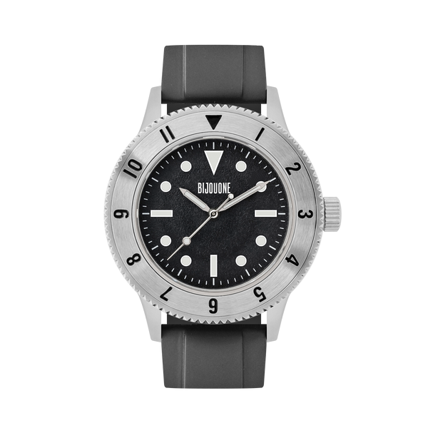 C01 Watch, Brushed Silver Case, Black Dial, Sapphire Crystal Glass, Luminous, Rubber Strap