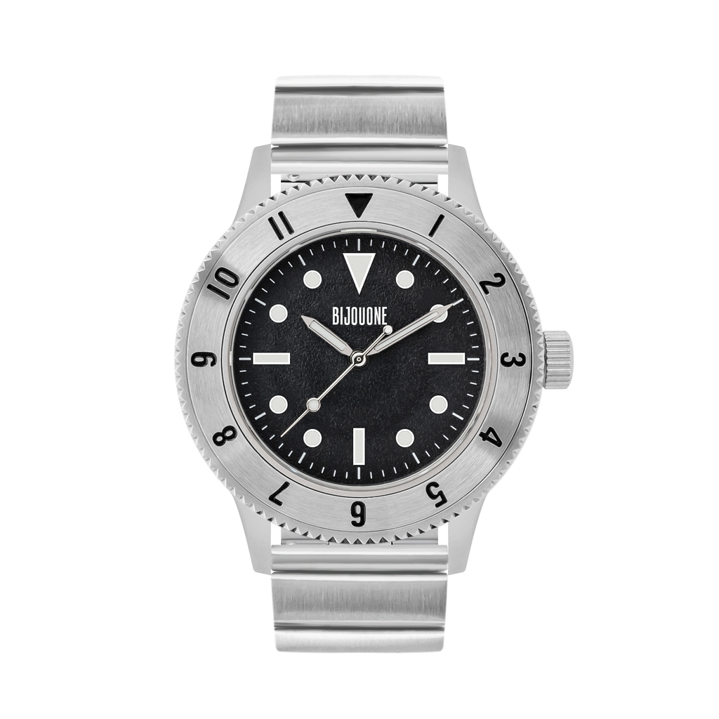 C01 Watch, Brushed Silver Case, Black Dial, Sapphire Crystal Glass, Luminous, Stainless Steel Strap