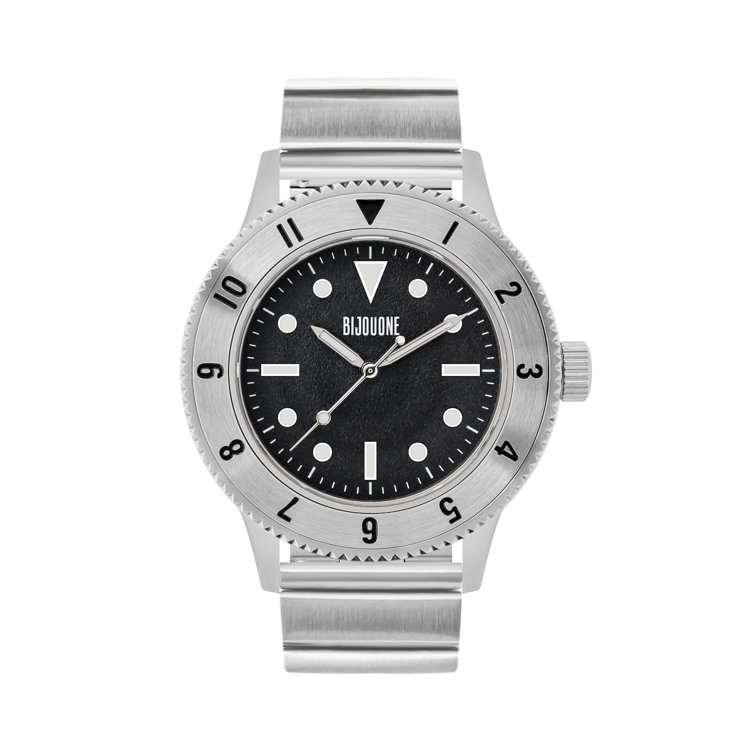 C01 Watch, Brushed Silver Case, Black Dial, Sapphire Crystal Glass, Luminous, Stainless Steel Strap