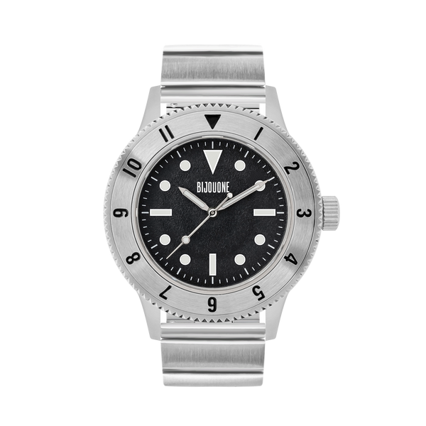 C01 Watch, Brushed Silver Case, Black Dial, Sapphire Crystal Glass, Luminous, Stainless Steel Strap