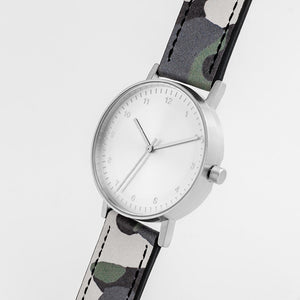 B60 Watch, Silver Case, silver Dial, Leather Strap - Camouflage Green - BIJOUONE