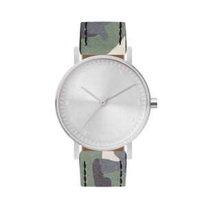 B60 Watch, Silver Case, silver Dial, Leather Strap - Camouflage Green - BIJOUONE