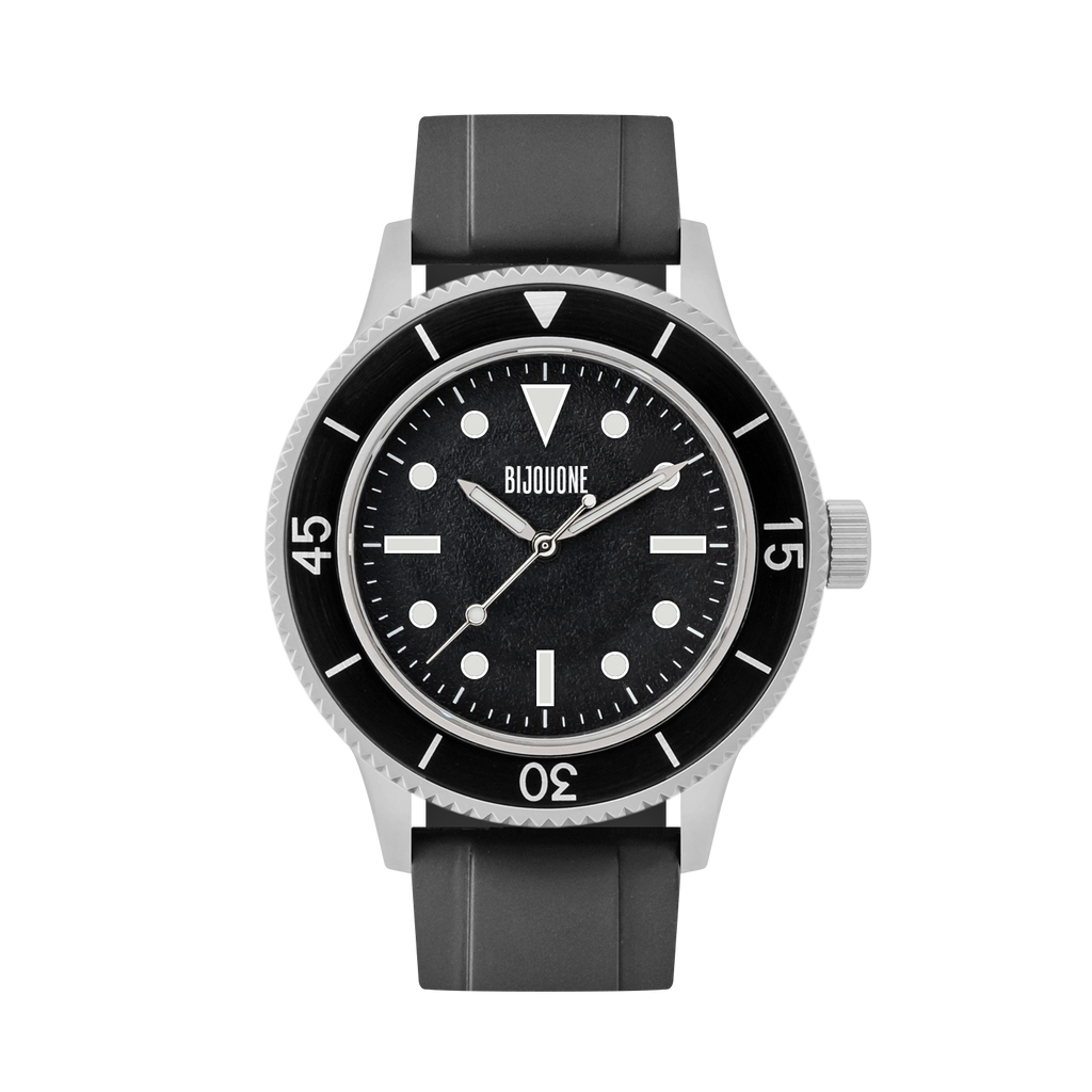 C01 Watch, Brushed Silver Case, Black Dial, Sapphire Crystal Glass, Luminous, Rubber Strap