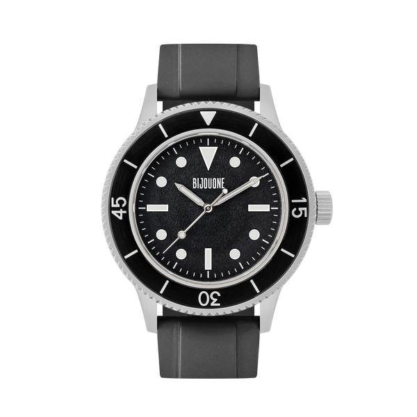 C01 Watch, Matte Silver Case, Black Dial, Sapphire Crystal Glass, Luminous, Rubber Strap