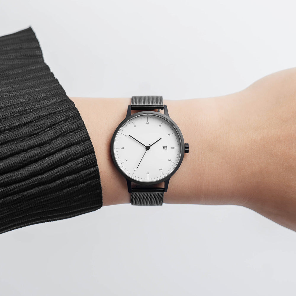 B30 Watch, Gunmetal Case, White Dial, Calendar, Black Stainless Steel Mesh Strap