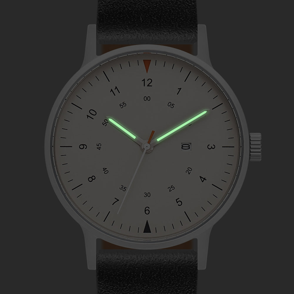 B70 Watch, Silver Case, Beige Dial, Calendar, Luminous, Leather Strap - Navy