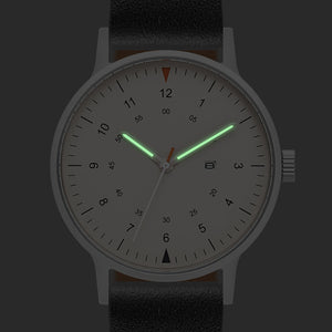 B70 Watch, Silver Case, Beige Dial, Calendar, Luminous, Leather Strap - Green