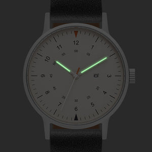 B70 Watch, Silver Case, Beige Dial, Calendar, Luminous, Leather Strap