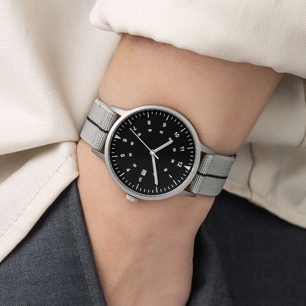 B70 Watch, Silver Case, Black Dial, Calendar, Luminous, Stretch Nylon straps - Gray