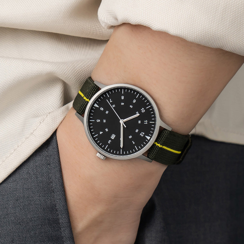 B70 Watch, Silver Case, Black Dial, Calendar, Luminous, Stretch Nylon straps - Green