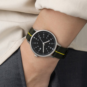 B70 Watch, Silver Case, Black Dial, Calendar, Luminous, Stretch Nylon straps - Green