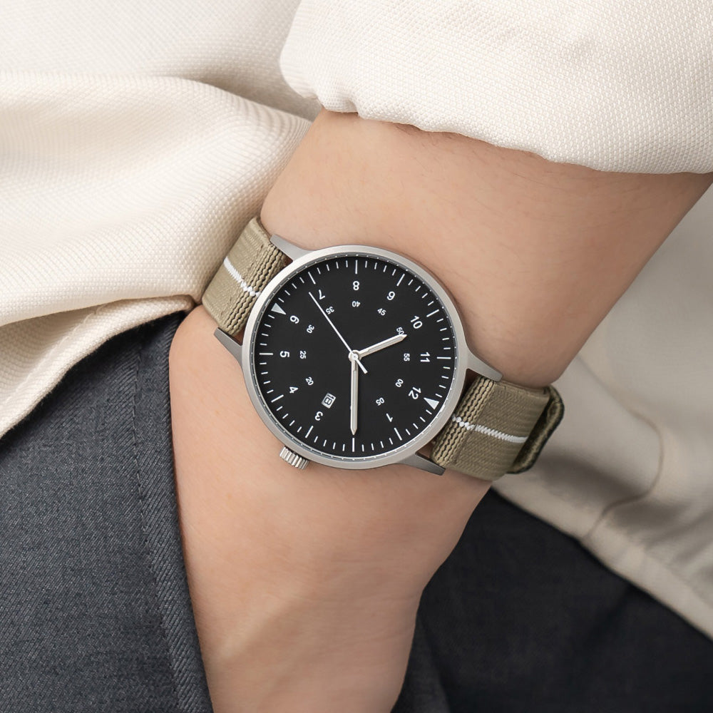 B70 Watch, Silver Case, Black Dial, Calendar, Luminous, Stretch Nylon straps - Khaki